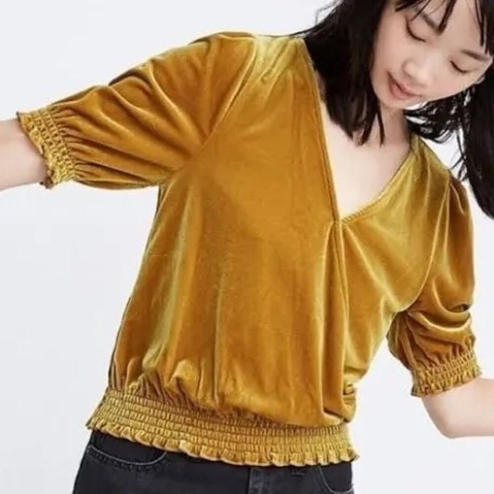 Madewell Velvet Smocked Crossover Top in Egyptian gold